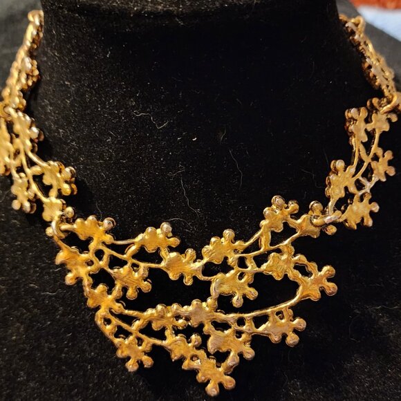 Vintage MCM Golden AB Rhinestone Flower Necklace Heavy Gold Plate Rivoli Stones - Picture 10 of 14